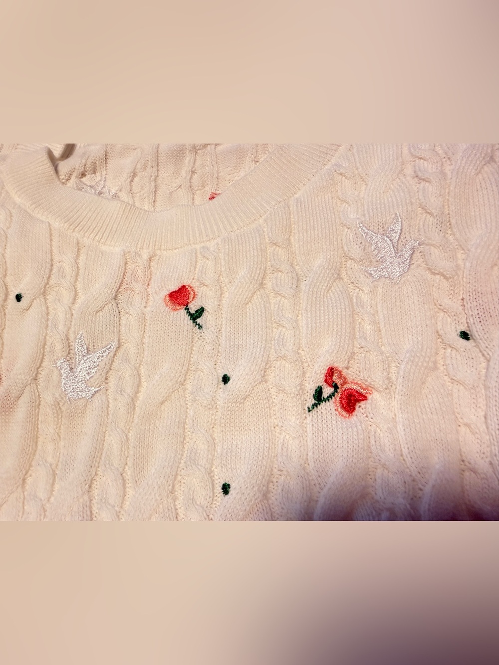 Dior White Short Sleeve Cable Knit Tee with Rose and Pigeon Embroidery - Picture 8 of 8